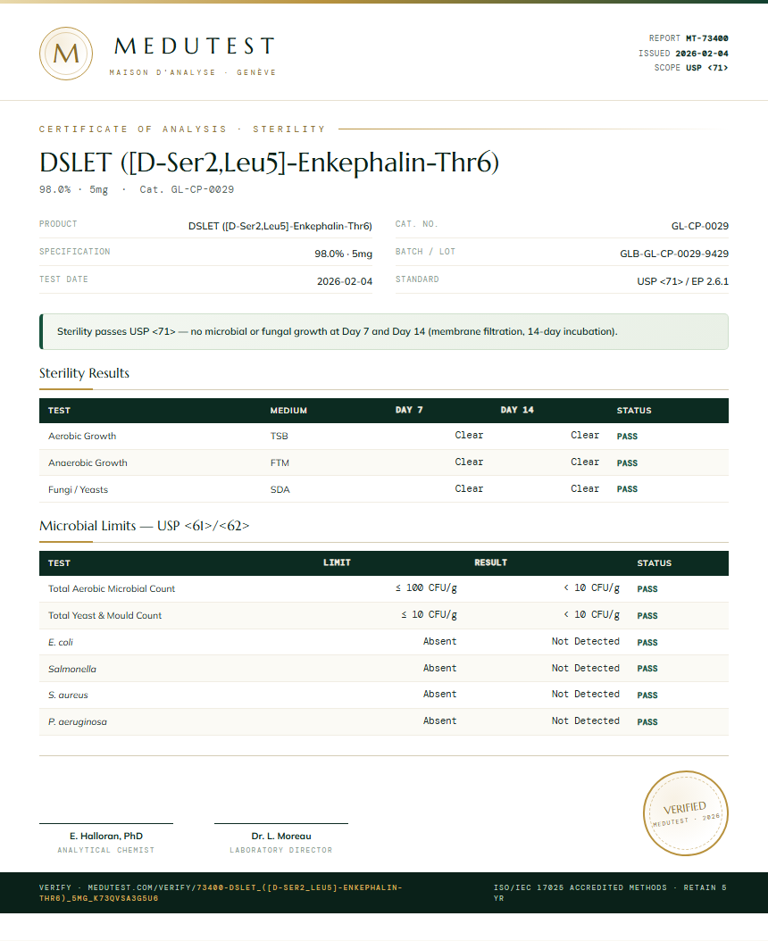 DSLET ([D-Ser2,Leu5]-Enkephalin-Thr6) Sterility report by Medutest